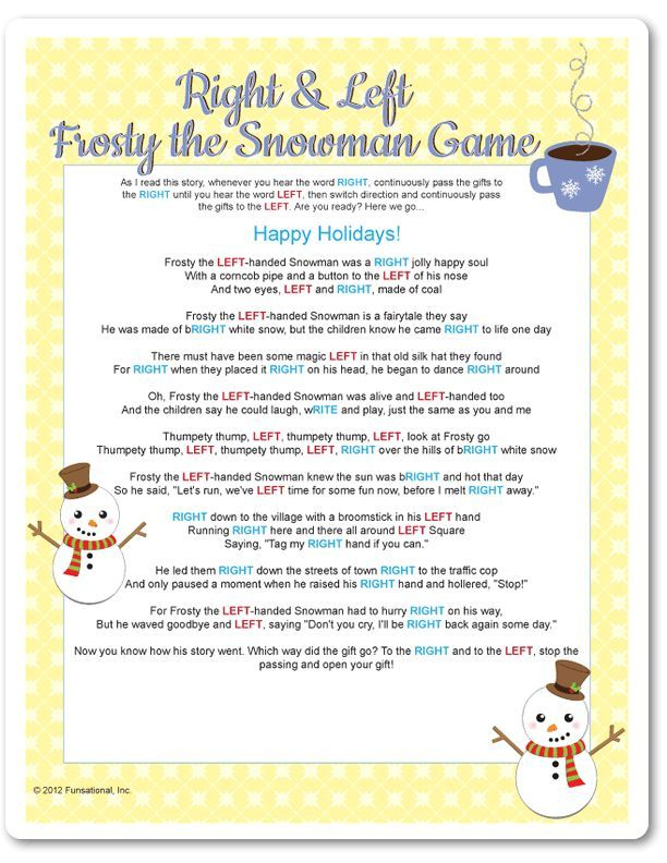 Printable Right Left Frosty The Snowman Yellow 