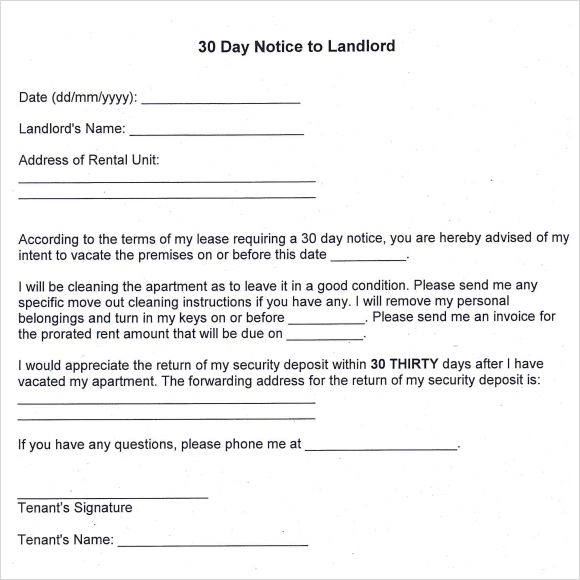 Printable Sample 30 Day Notice To Landlord Form Being A 