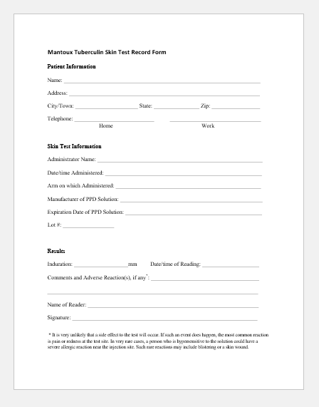 Printable Tuberculosis TB Test Forms Printable Medical 