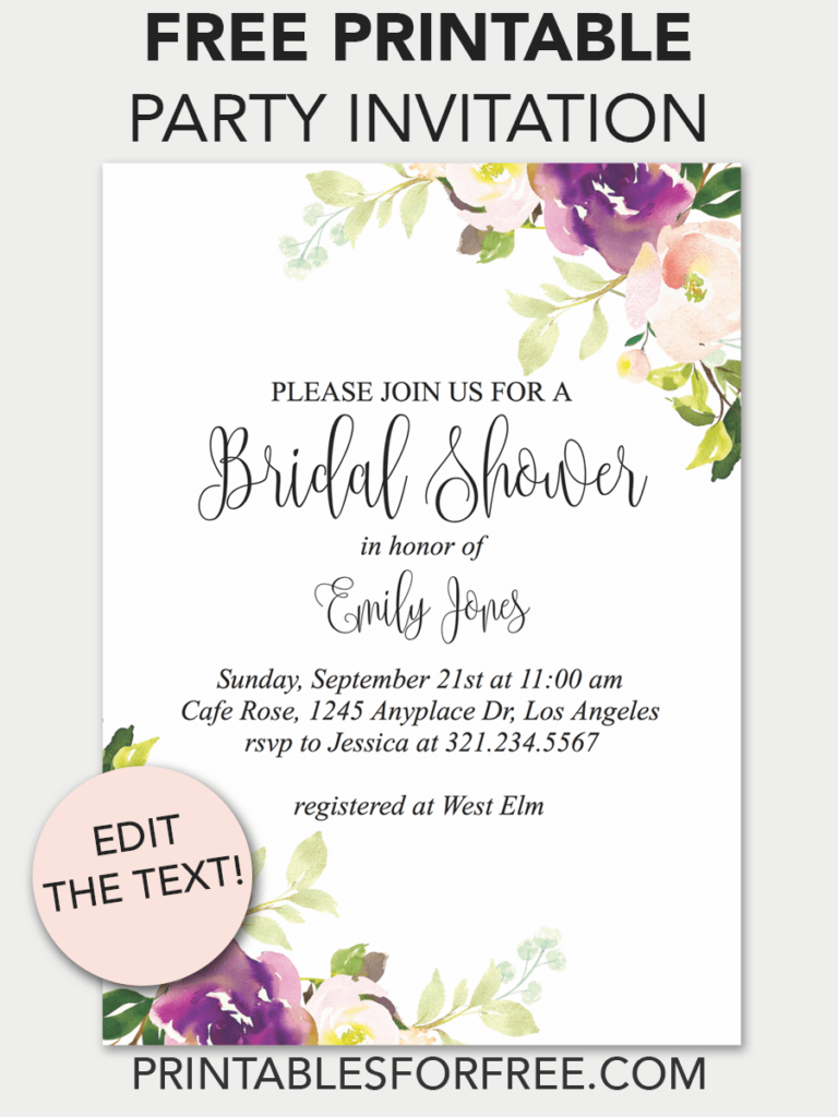 Purple Floral Printable Bridal Shower Invitation 