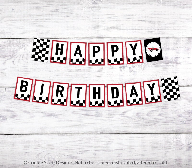 Race Car Printable Happy Birthday Banner Retro Vintage Style