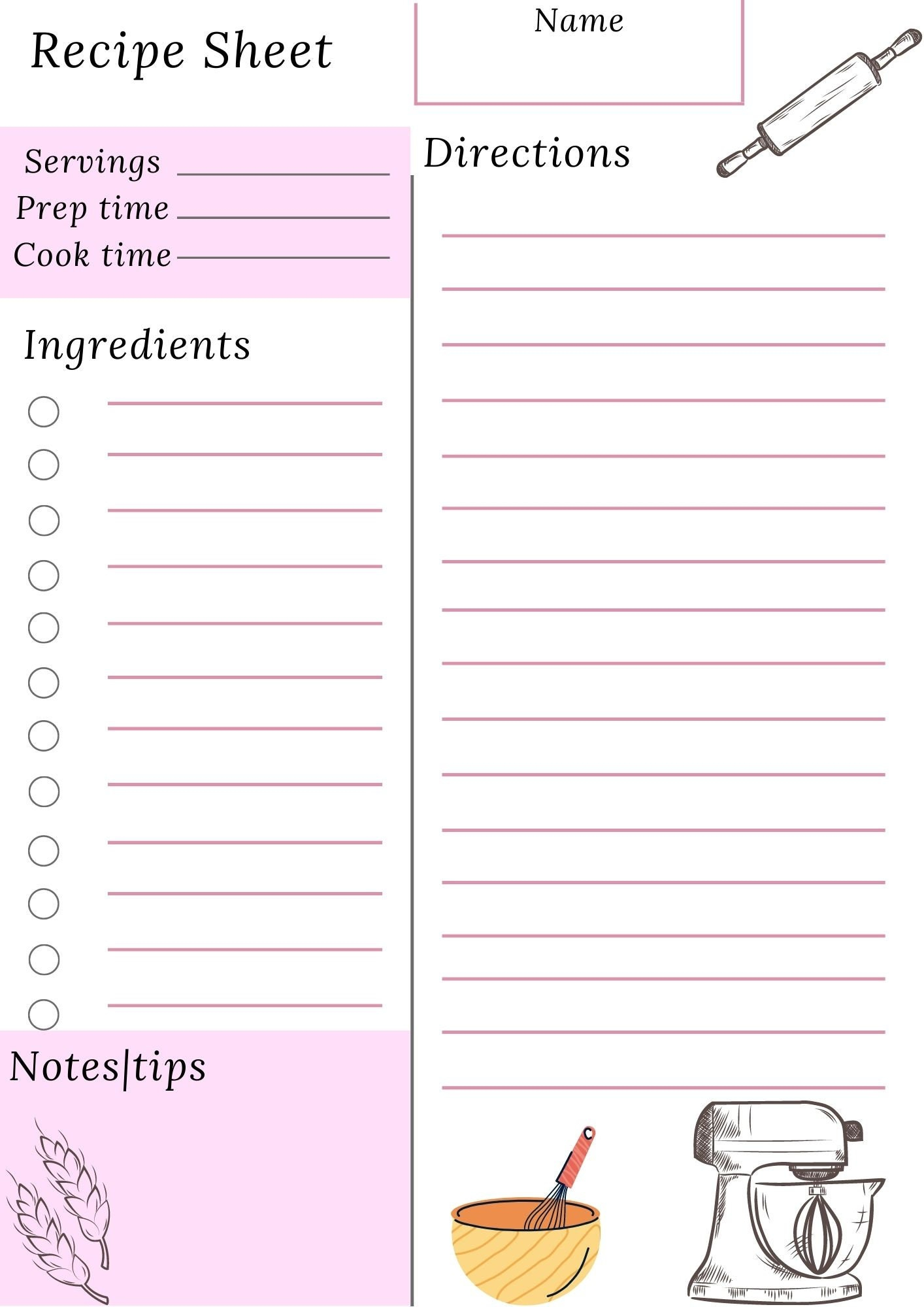 Recipe Sheet Printable Template A4 A5 Happy Size Planner