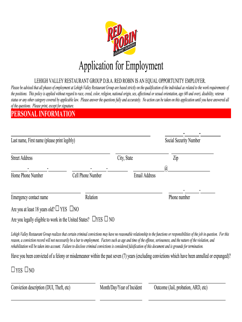 Red Robin Application Pdf Fill Out And Sign Printable 
