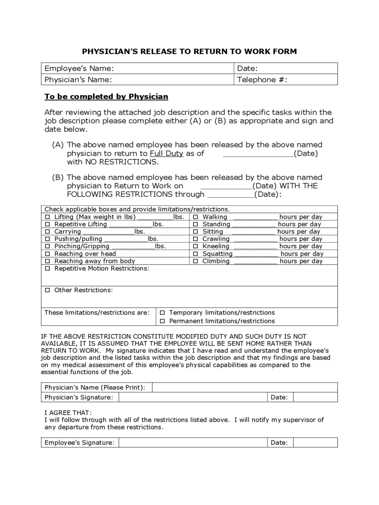 Return To Work Medical Form 2 Free Templates In PDF 