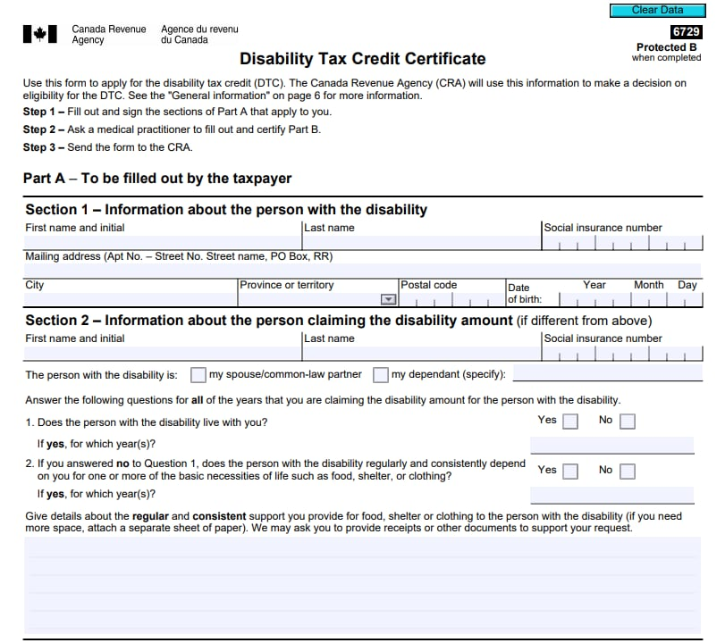 Revenue Canada Disability Tax Credit Form T2201 REVNEUS