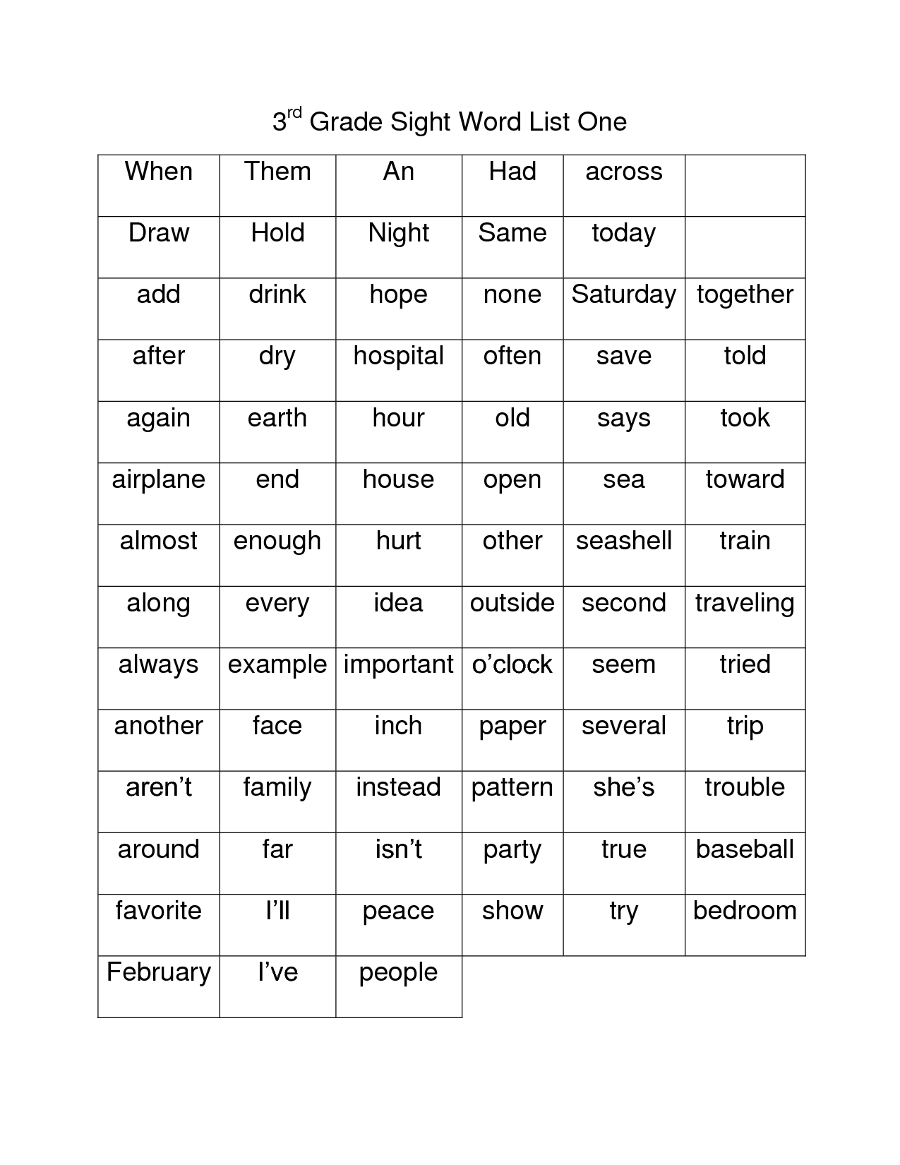 Third Grade Vocabulary spelling 3rd Grade Sight Word 