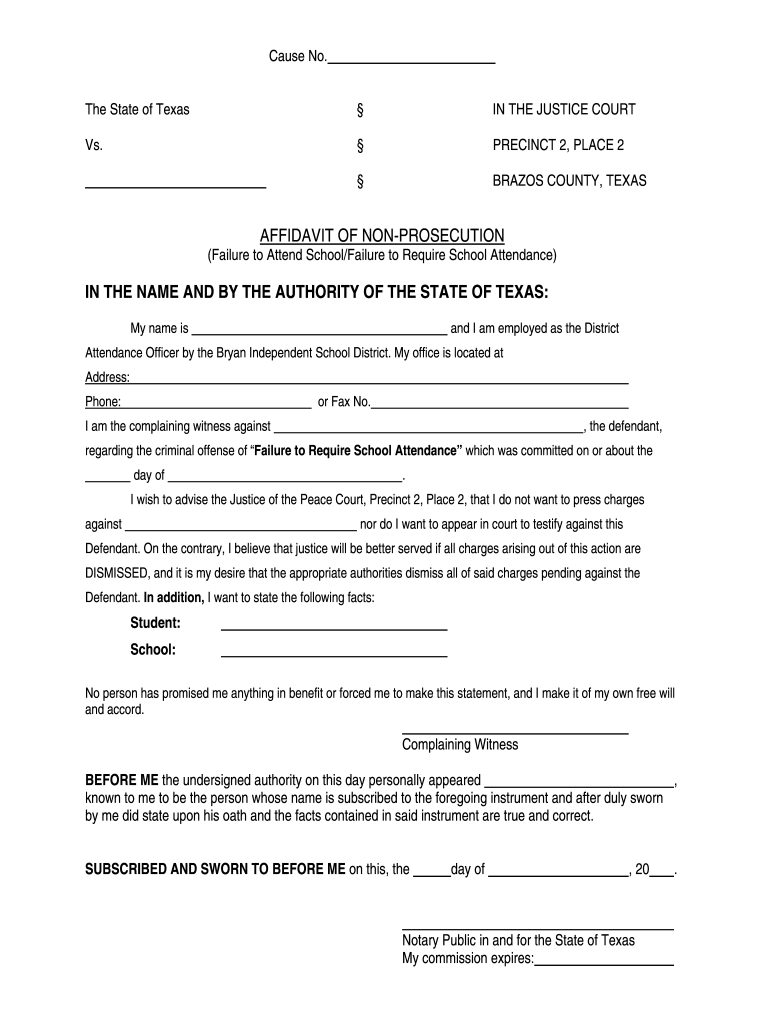 TX Affidavit Of Non Prosecution Brazos County Complete 