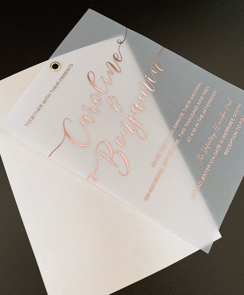 Vellum Paper Rose Gold Foiled Wedding Invitations Pink 