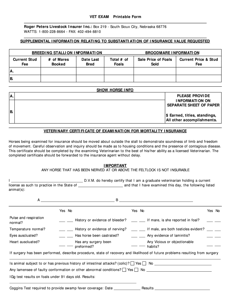 Veterinary Exam Forms Fill And Sign Printable Template 