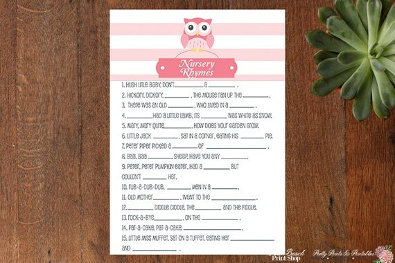 Vintage Nursery Rhyme Matching Game Owl Baby Shower 