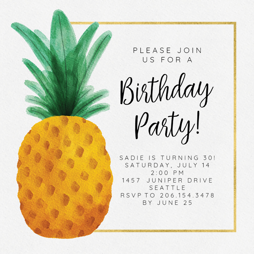 Watercolor Pineapple Birthday Invitation Template Free 