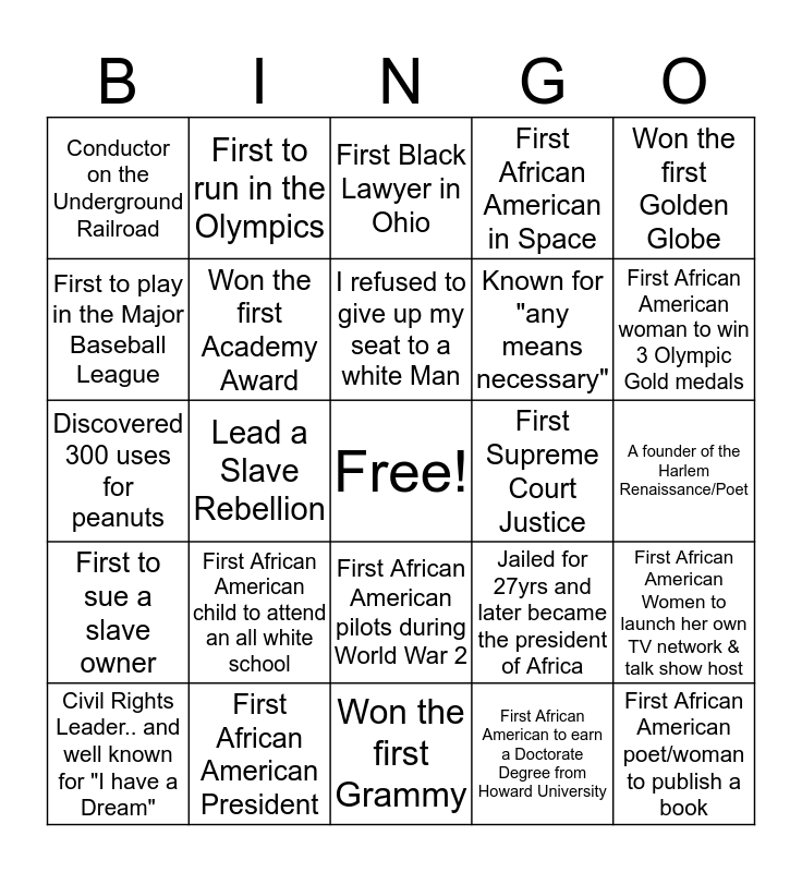 Who Am I Black History Month Bingo Card