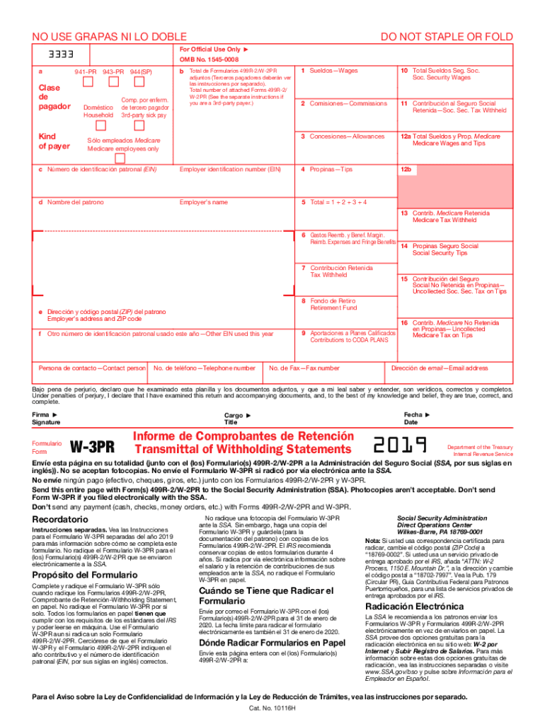 2019 Form IRS W 3PR Fill Online Printable Fillable Blank PDFfiller