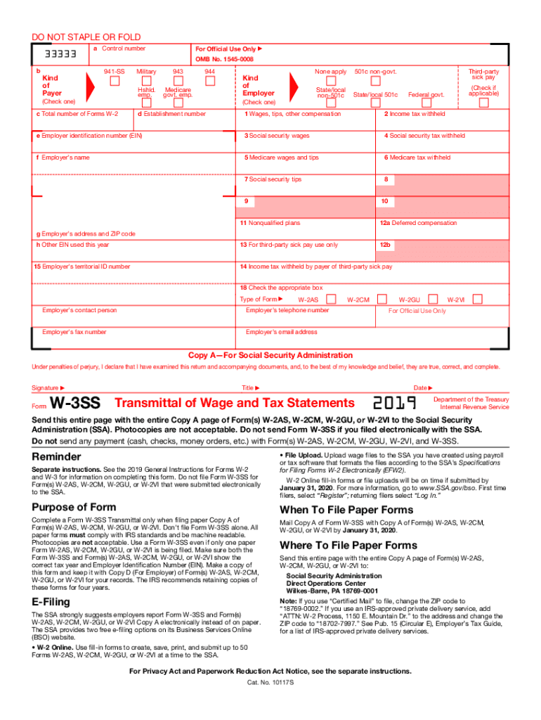 2019 Form IRS W 3SS Fill Online Printable Fillable Blank PDFfiller