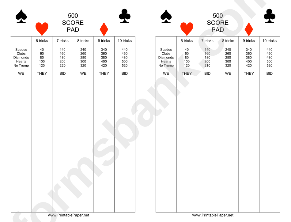 500 Score Card Printable Pdf Download