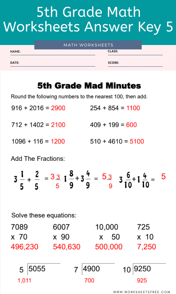 5th Grade Math Worksheets Answer Key 5 Worksheets Free