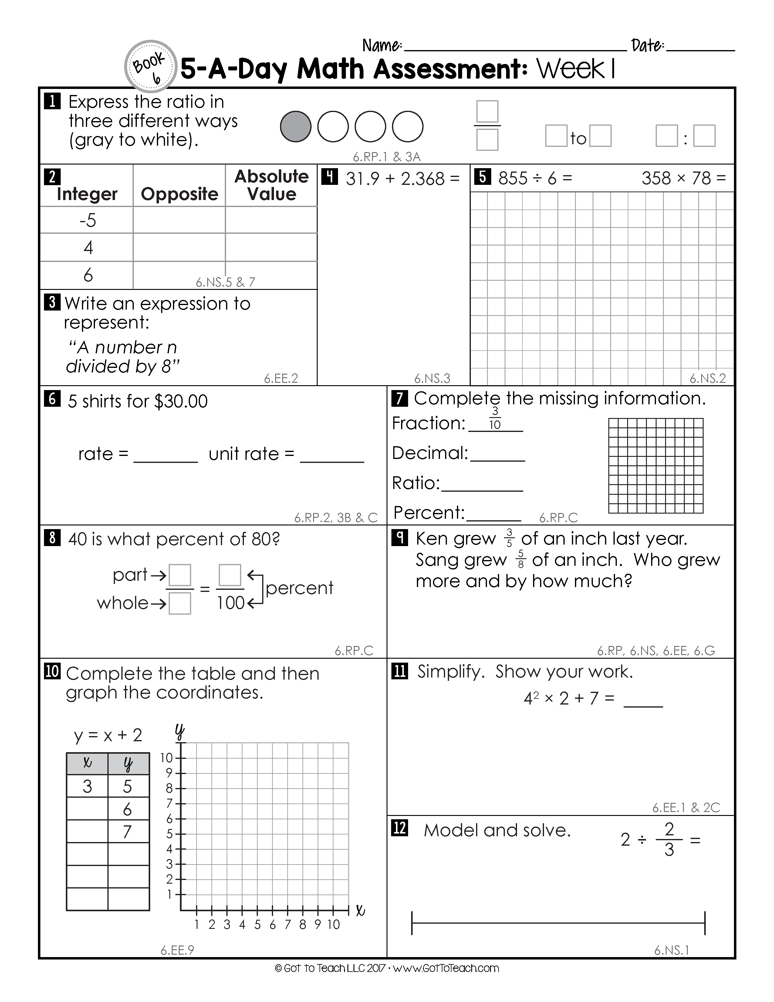 6th Grade Weekly Math Assessments Teacher Thrive