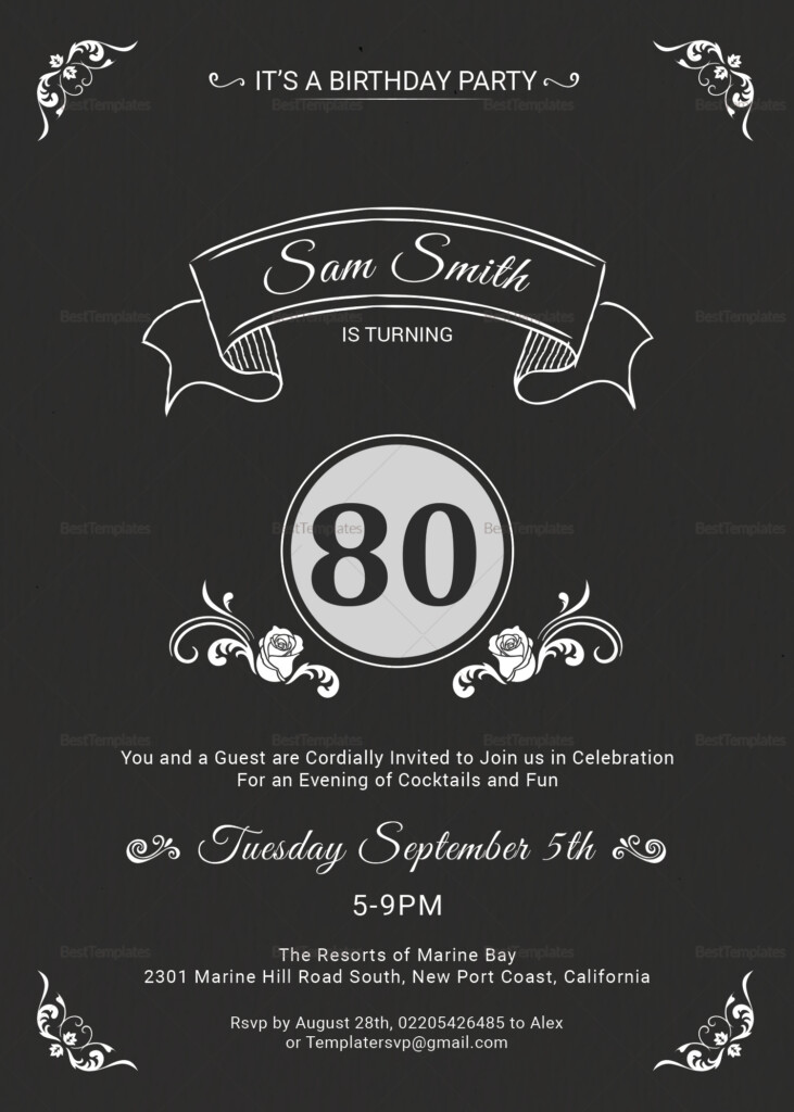 80th Birthday Party Invitation Design Template In Word PSD Publisher