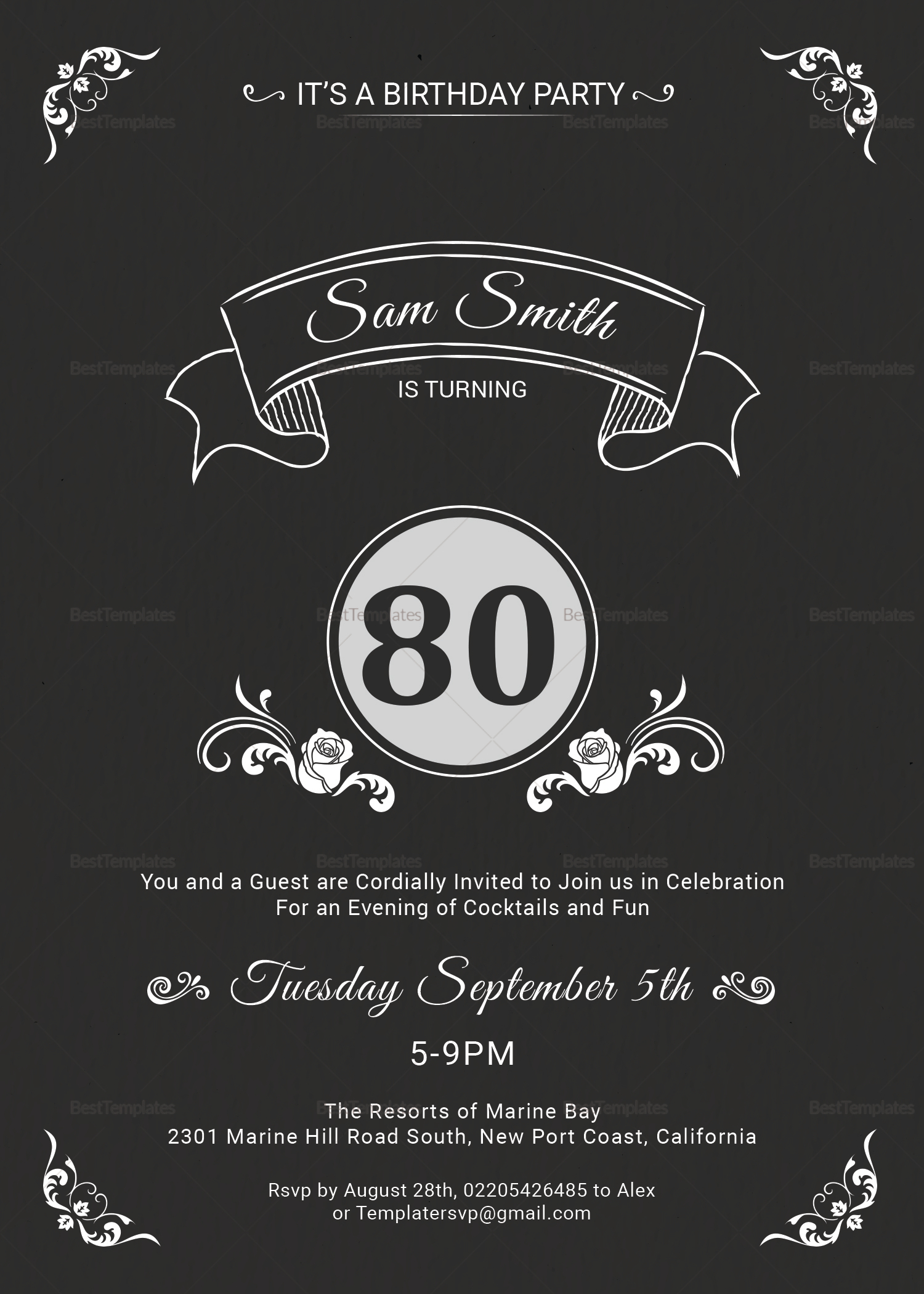 80th Birthday Party Invitation Design Template In Word PSD Publisher