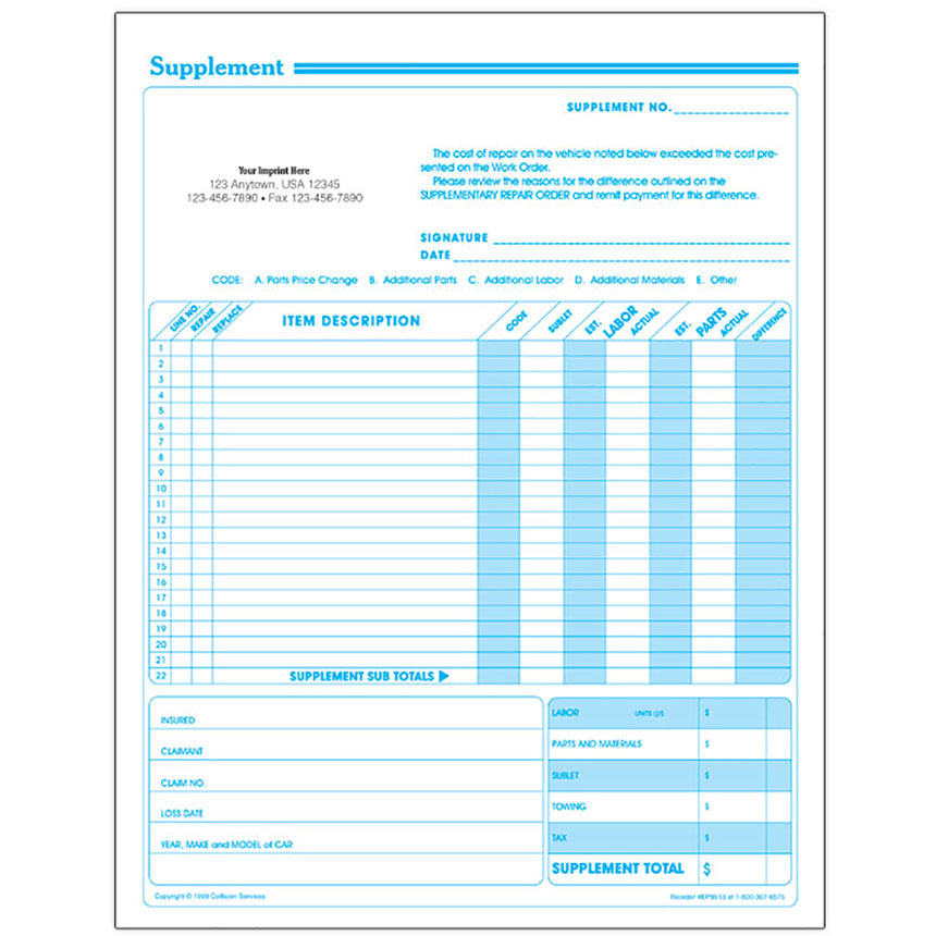 Auto Repair Supplement Request Forms Automotive Forms