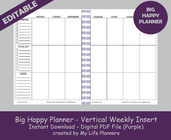 BIG Happy Planner Vertical Weekly Insert Editable Printable Etsy