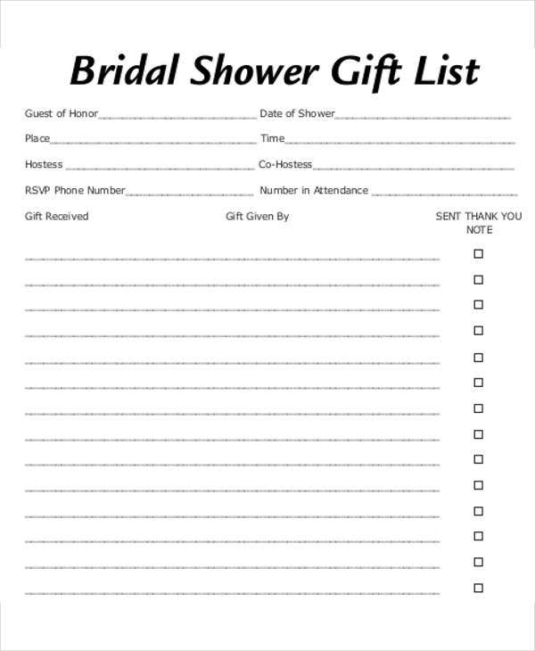 Bridal Shower Gift List Templates 5 Free Word PDF Format Download