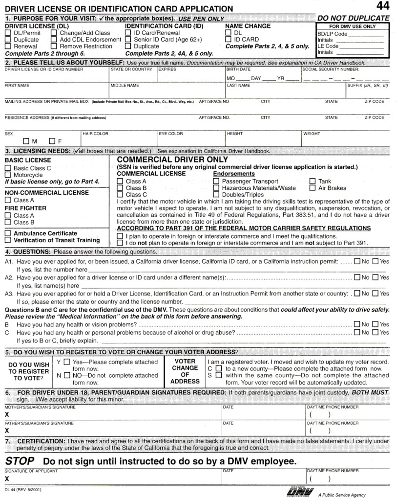 California Motor Vehicle Department Form DL 44