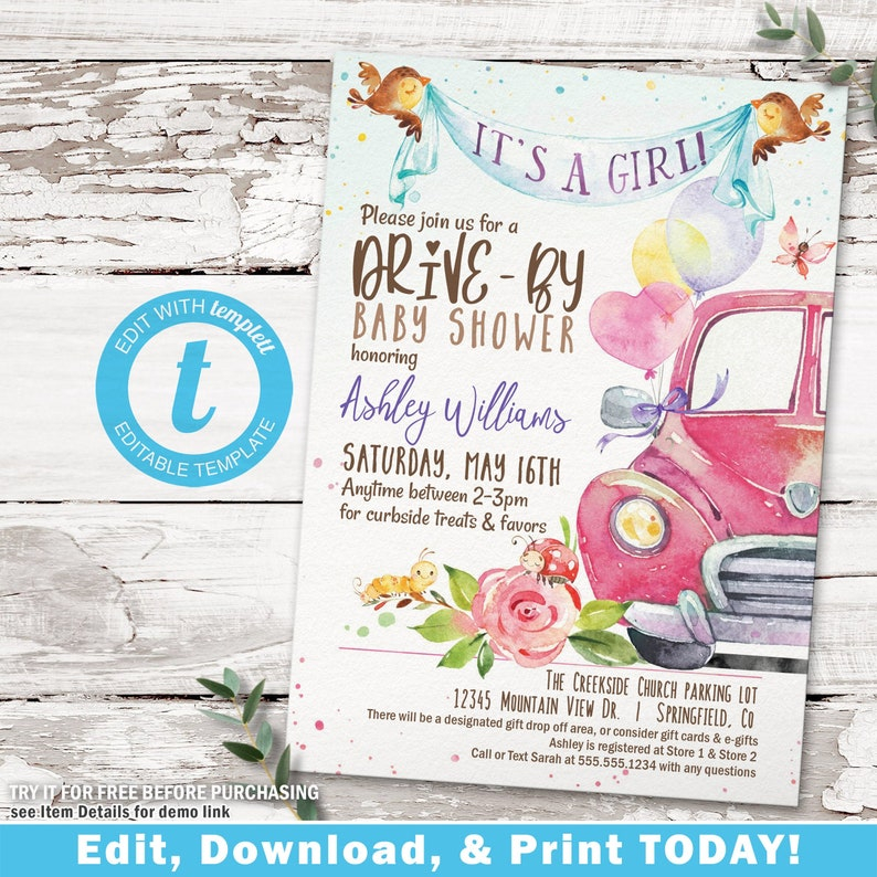 Drive By Baby Shower Invitation Girl Pink Car Printable Etsy