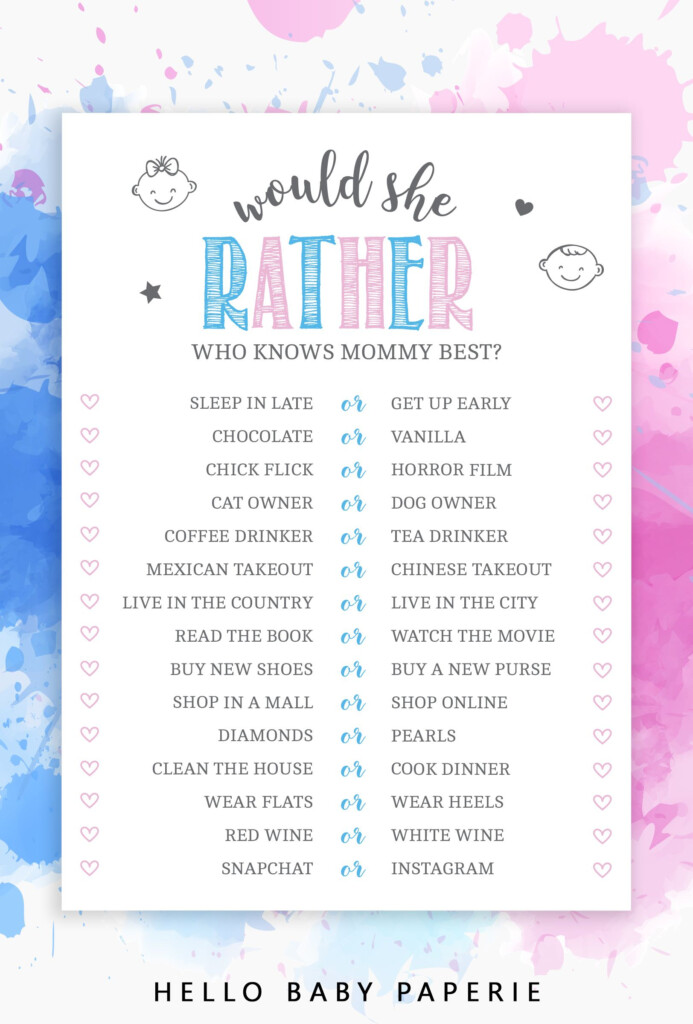 Editable Gender Reveal Would She Rather Game Gender Reveal Party 