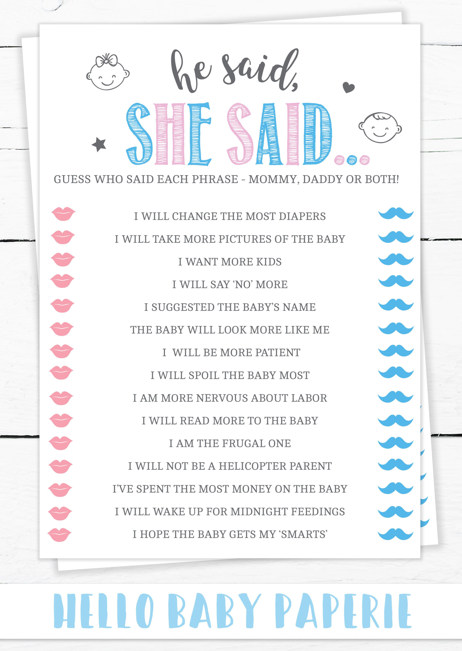 Editable Pink And Blue He Said She Said Game Template Gender Reveal 