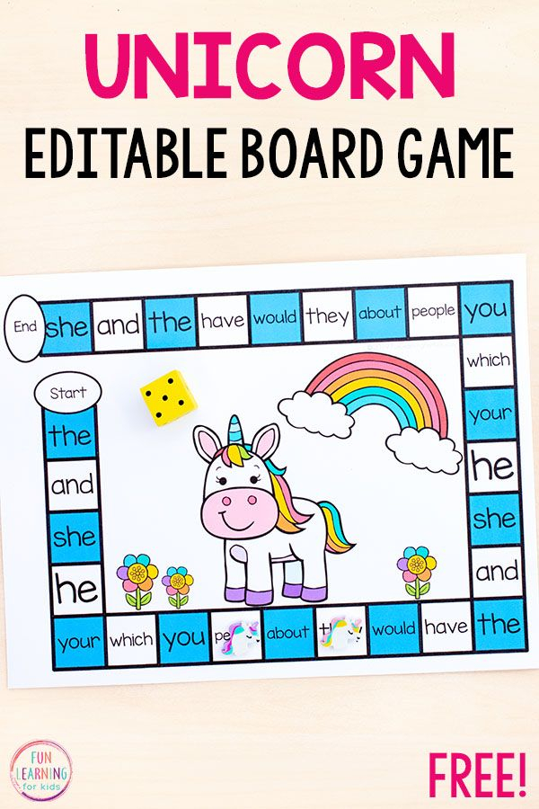 Editable Unicorn Board Game Kindergarten Games Sight Words 