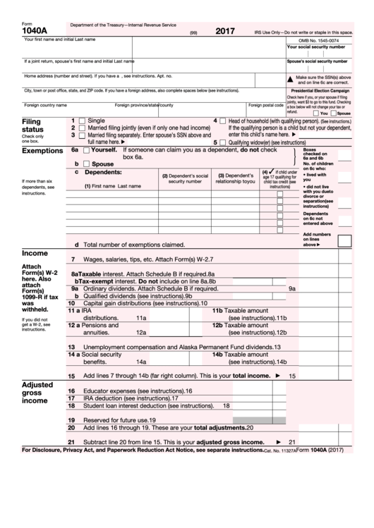 Fillable Form 1040a U s Individual Income Tax Return 2017 