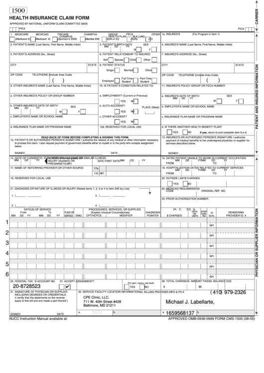 Fillable Form 1500 2005 Health Insurance Claim Form Printable Pdf 