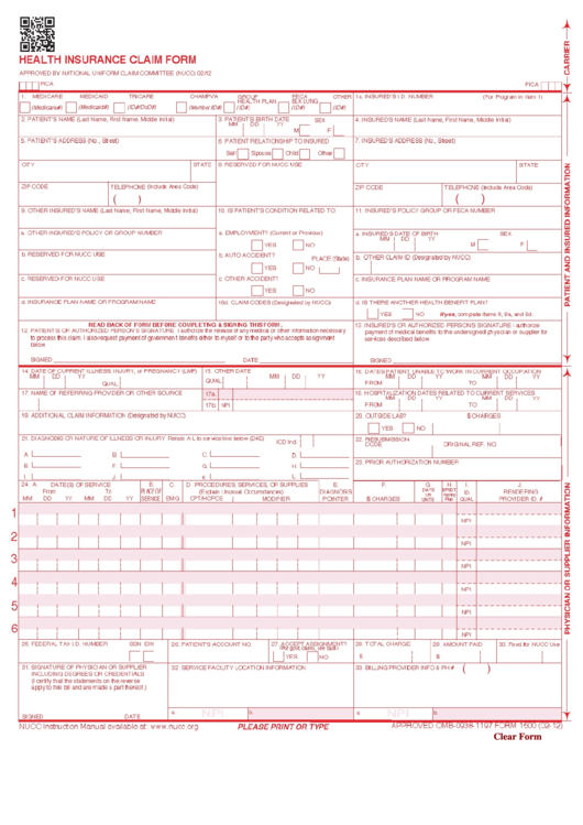 Fillable Form 1500 Health Insurance Claim Form Printable Pdf Download