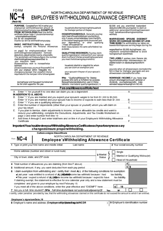 Fillable Form Nc 4 Employee S Withholding Allowance Certificate 