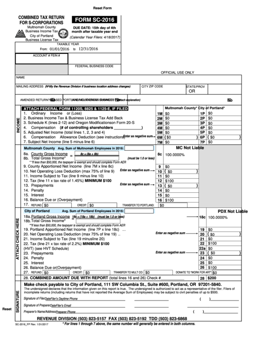 Fillable Form Sc 2016 Combined Tax Return For S Corporations 