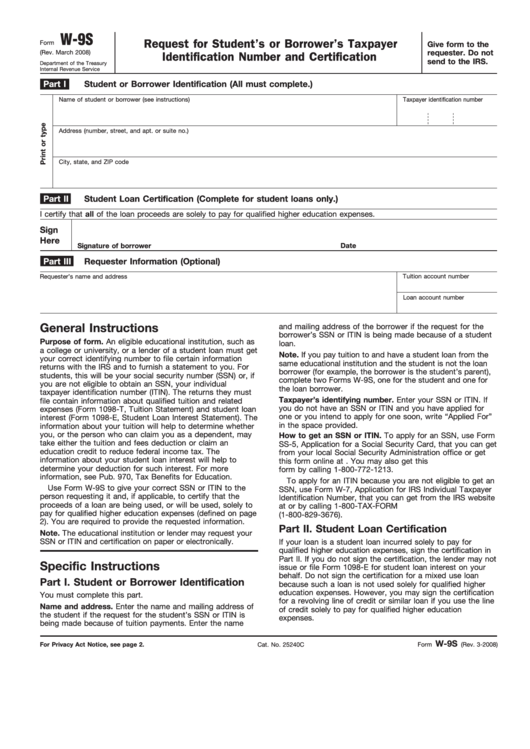 Fillable Form W 9s Request For Student S Or Borrower S Taxpayer 