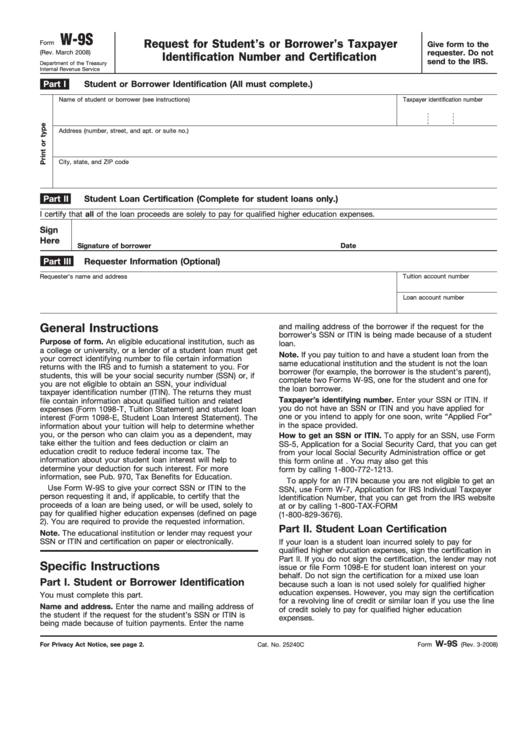 Fillable Form W 9s Request For Student S Or Borrower S Taxpayer