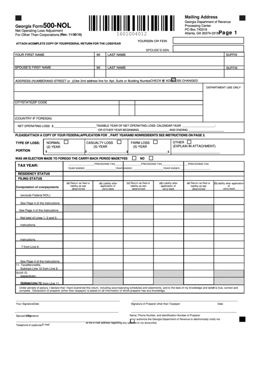 Fillable Georgia Form 500 Nol Net Operating Loss Adjustment For Other 