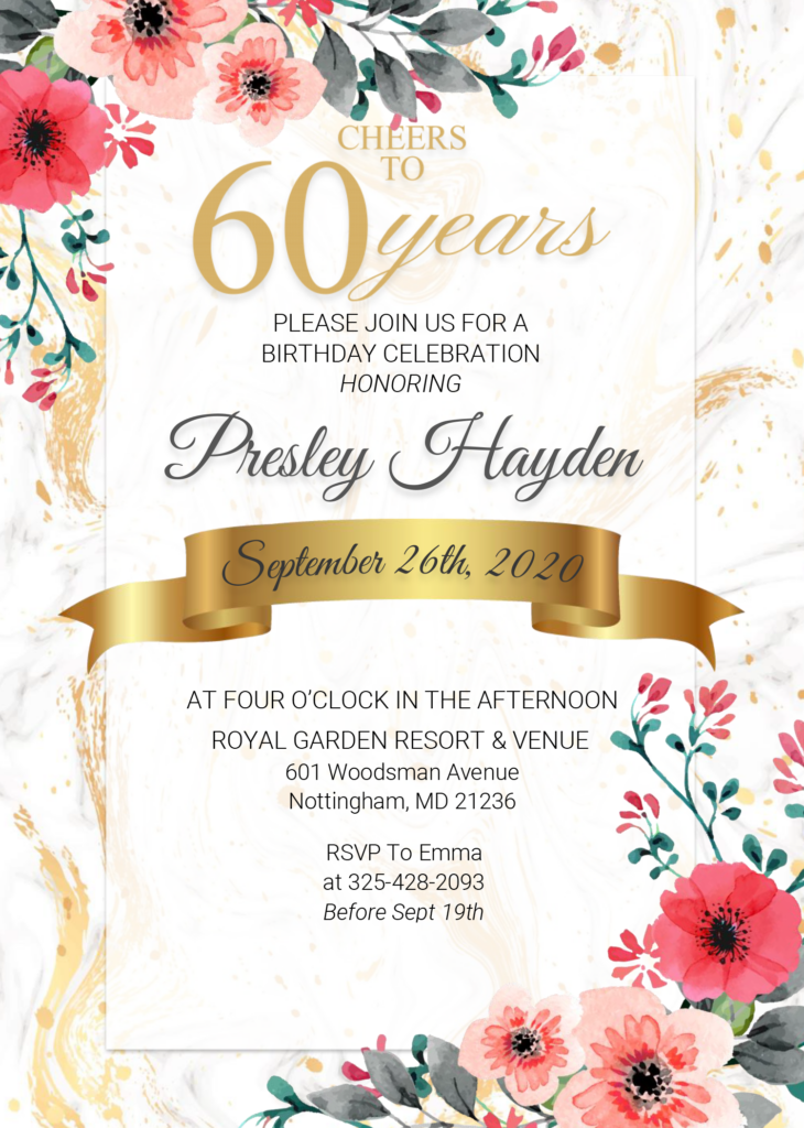 Floral 60th Birthday Invitation Templates Editable With MS Word In 