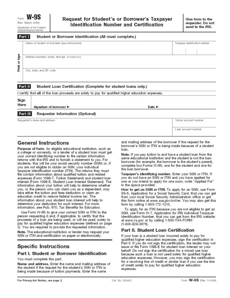 Form W 9S Request For Student s Or Borrower s Taxpayer Identification 