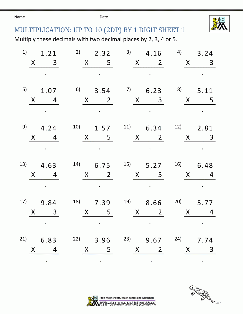 Free 5th Grade Math Worksheets Multiplication 3 Digits 2dp By 1 Digit 1