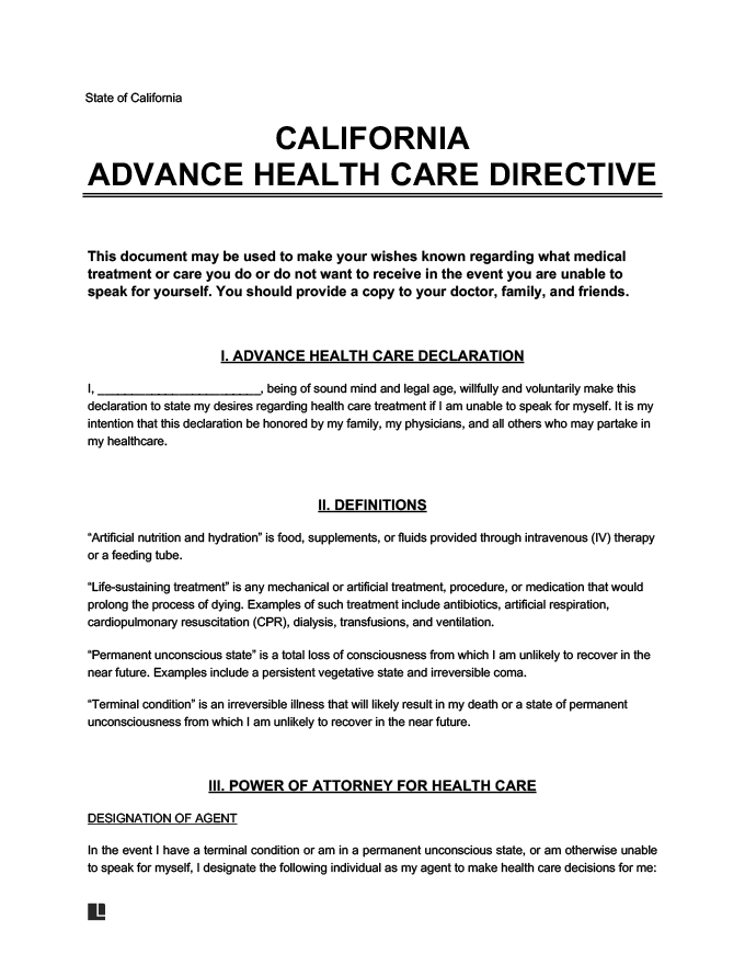 Free California Advance Healthcare Directive PDF Word Download