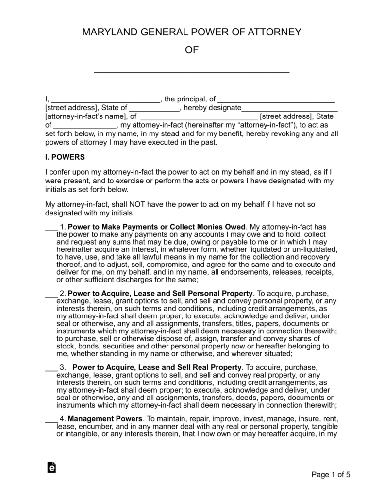 Free Maryland General Financial Power Of Attorney Form PDF Word 