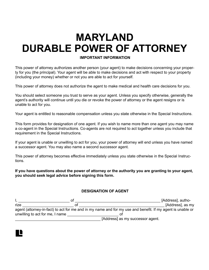 Free Maryland MD Durable Power Of Attorney Form PDF Word