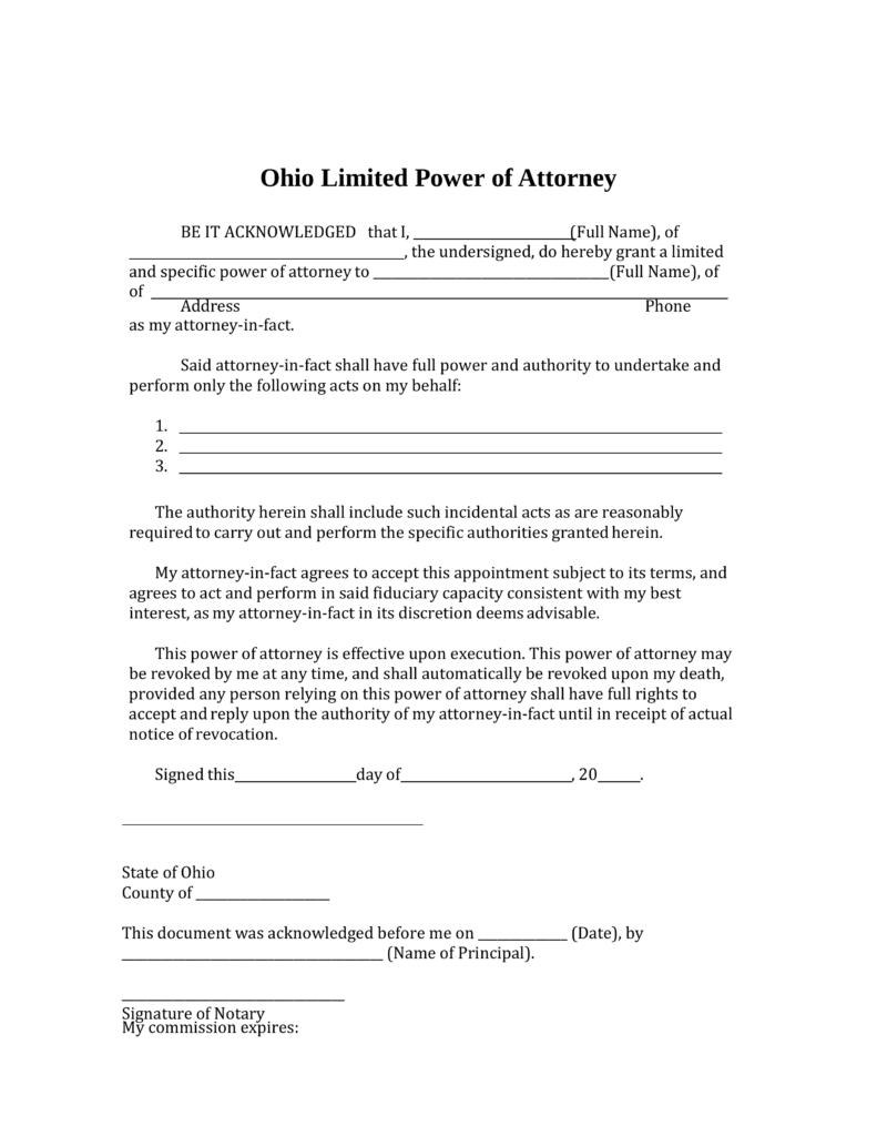 Free Ohio Limited Power Of Attorney Form PDF Word EForms