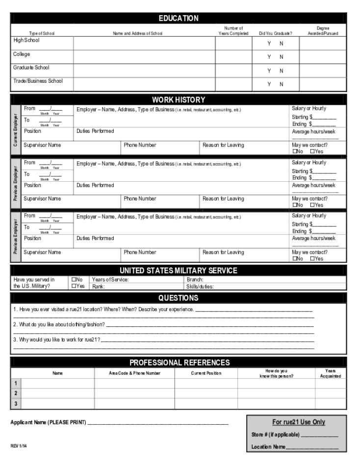 Free Printable Rue 21 Job Application Form Page 2