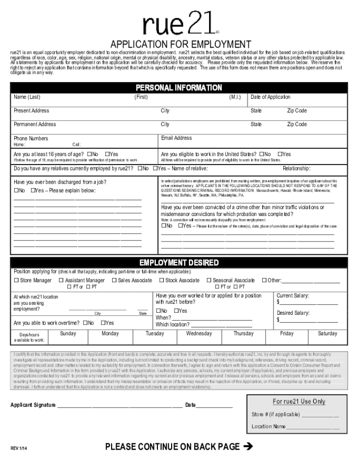 Free Printable Rue 21 Job Application Form