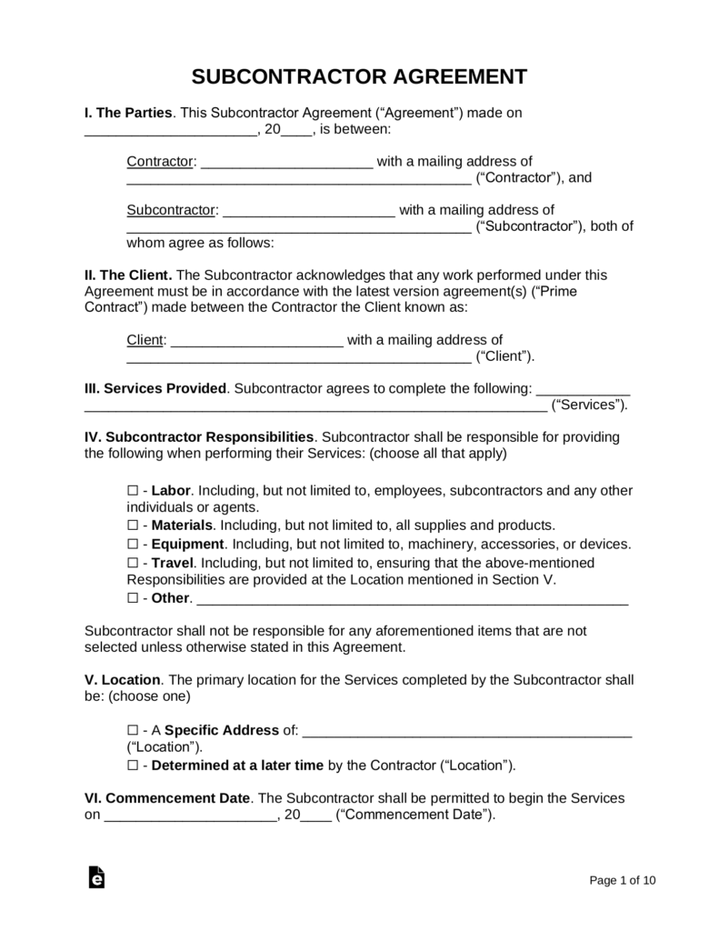 Free Subcontractor Agreement Templates PDF Word EForms