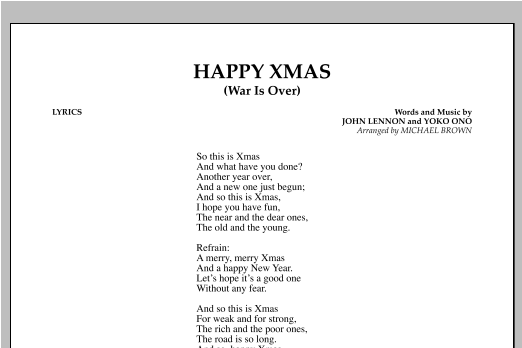 Happy Xmas War Is Over Lyrics By Michael Brown John Lennon Yoko 